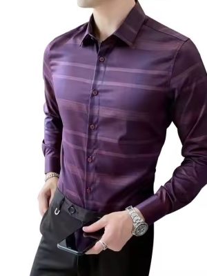 Recommend best price slim fit striped icy cotton dress shirt for men checkered luxury